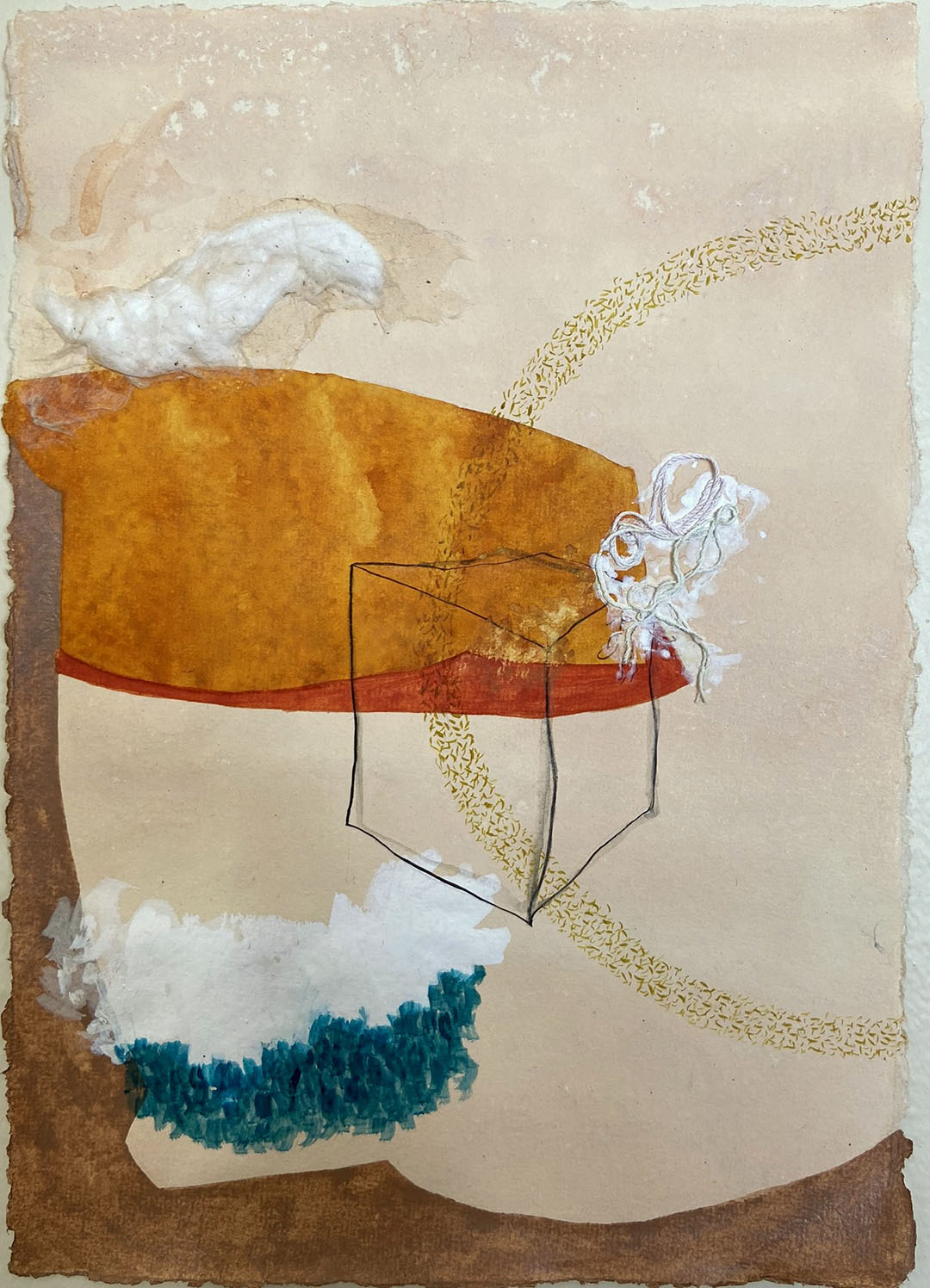 Drawing on handmade paper, Occupied and Navigated, with white khadiya powder, watercolor, and hand-stitched cotton thread.